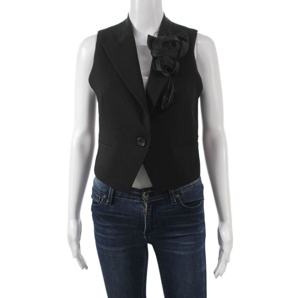 Theo Women Black Polyester V Neck Sleeveless Vest Flower Size S